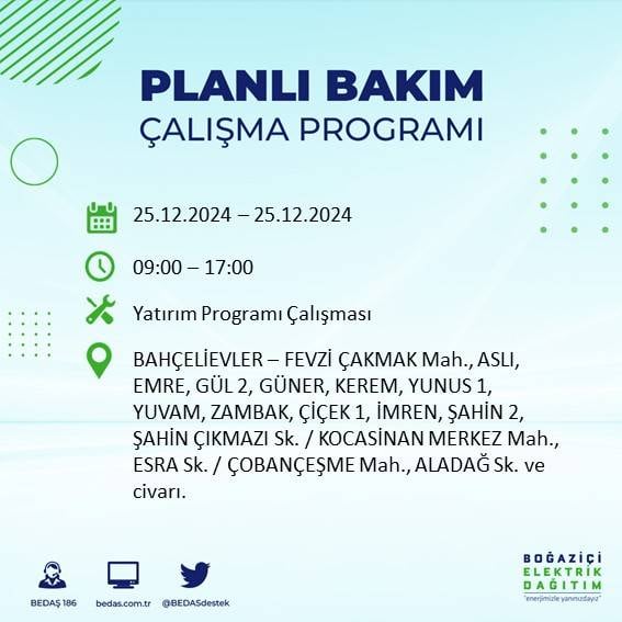 BEDAŞ’tan elektrik kesintisi uyarısı: İşte 25 Aralık Çarşamba günü kesinti yaşanacak bölgeler 29