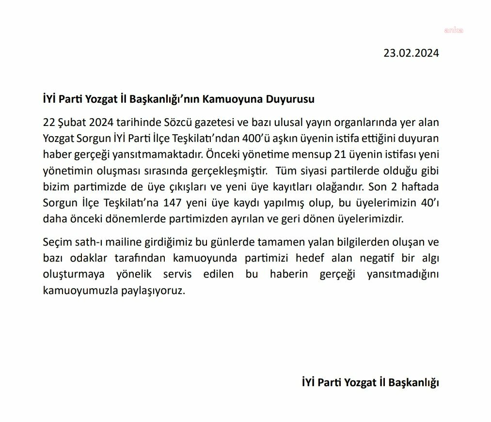 İYİ Parti Yozgat İl Başkanlığından 400 kişinin istifa ettiği iddialarına ilişkin açıklama