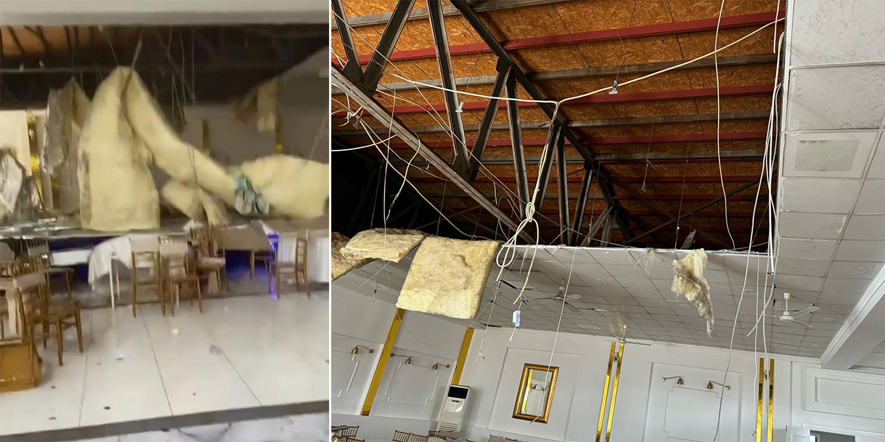 Tokat'ta depremde hasar gören düğün salonunun asma tavanı çöktü