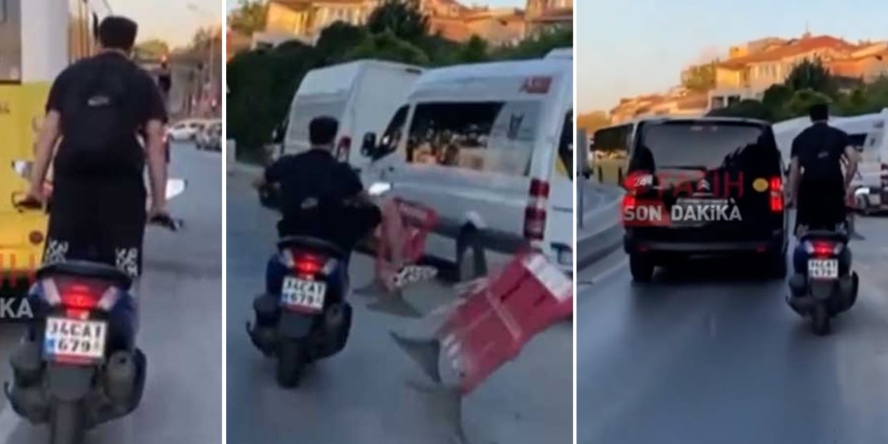 Bir sürücü ayakta motosiklet sürdü, bariyerleri tekmeledi: O anlar kısa sürede tepki topladı