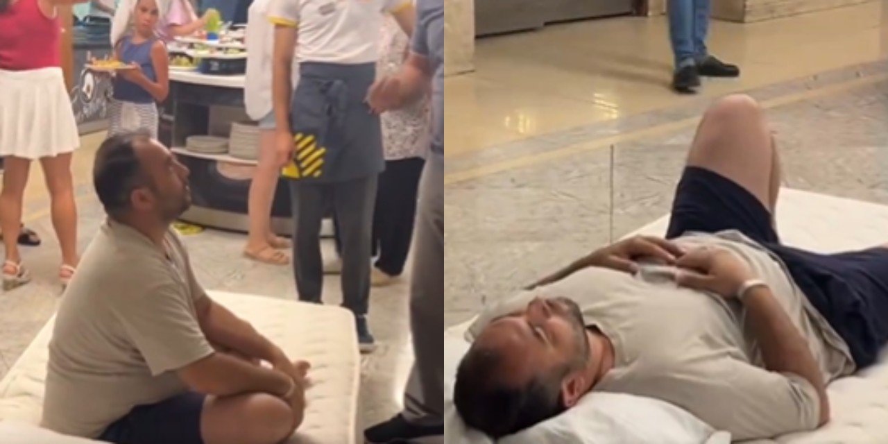 Klima sorunu çözülmeyen  otel müşterisinden olay protesto: Odasındaki yatağı yemekhaneye serdi