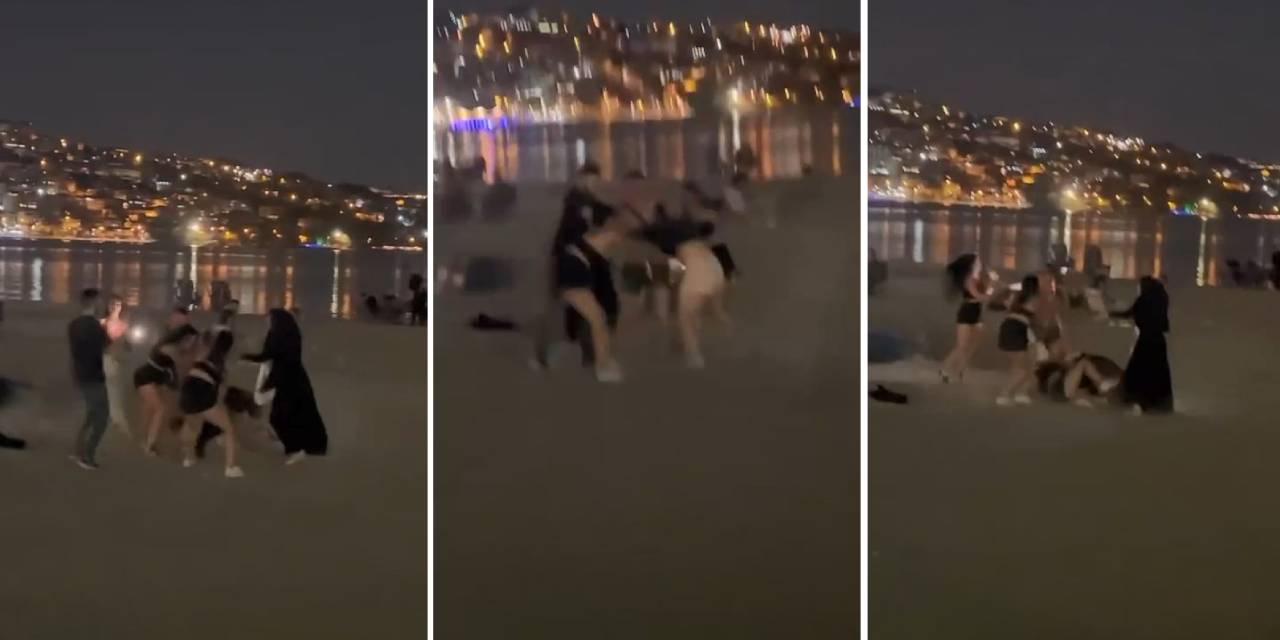 Büyükçekmece Sahili’nde saç saça baş başa kavga kamerada
