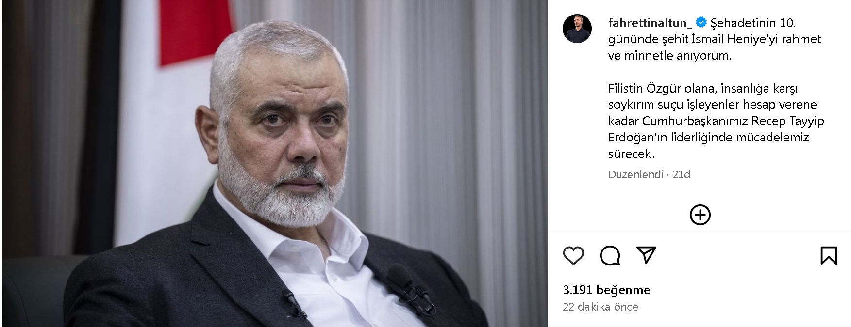 Fahrettin Altun'dan, Instagram'da İsmail Haniye paylaşımı