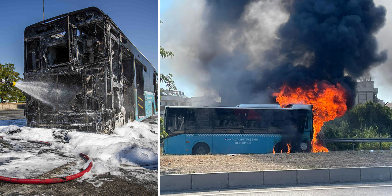 Antalya'da seyir halinde alev alan belediye otobüsü yandı