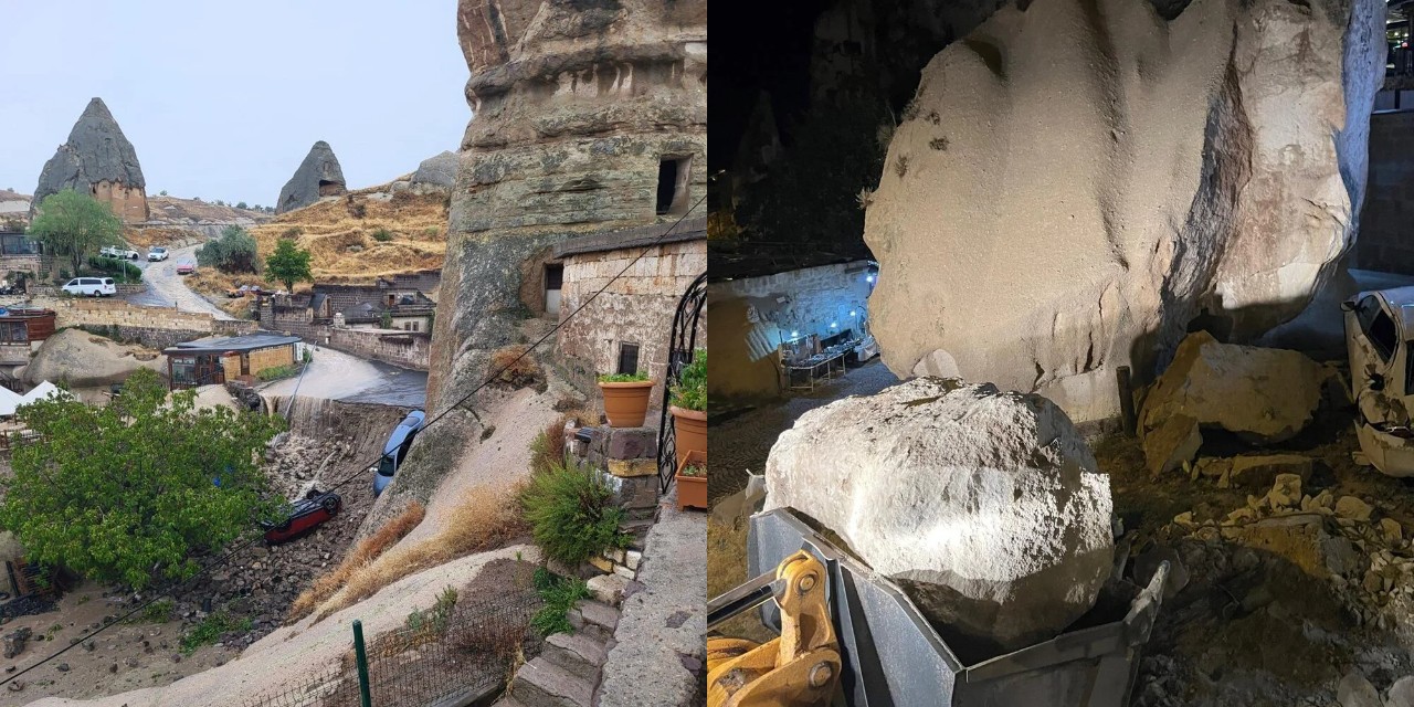 Kapadokya'yı sel vurdu: Peribacalarından düşen kayalar, araçlara düştü