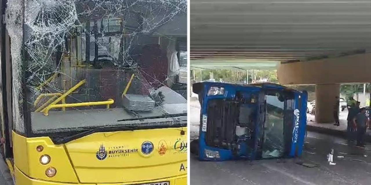 Alt geçide çarpan TIR, İETT otobüsünün üzerine devrildi