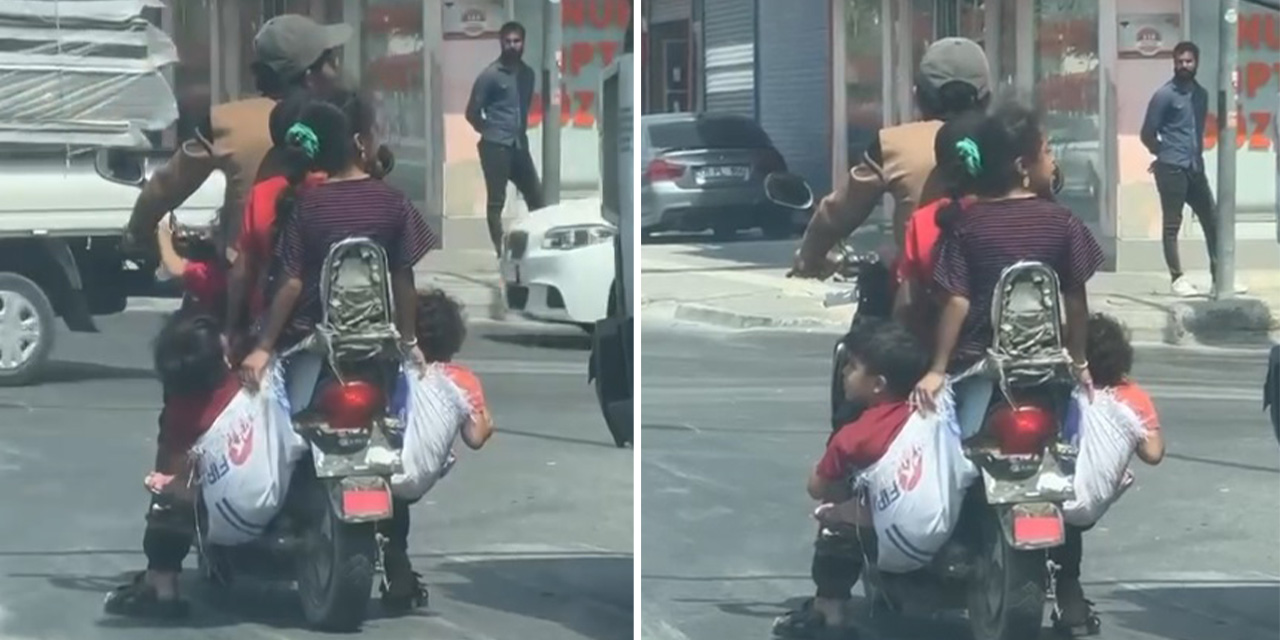 6 kişinin bindiği motosiklette çocuklar çuvalla taşındı