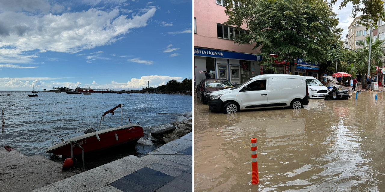 Fırtına ve sağanak Balıkesir'i vurdu: Sokaklar göle döndü, balıkçı tekneleri karaya vurdu