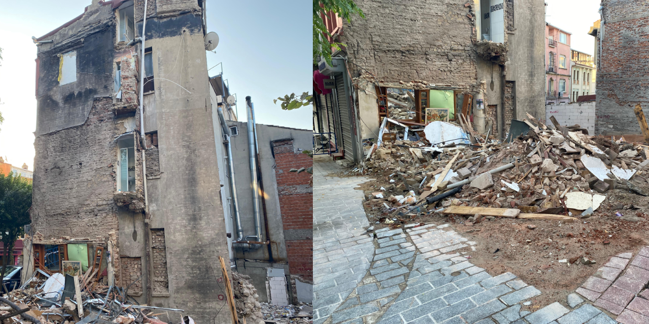 Fatih'te çöken tarihi metruk bina havadan görüntülendi