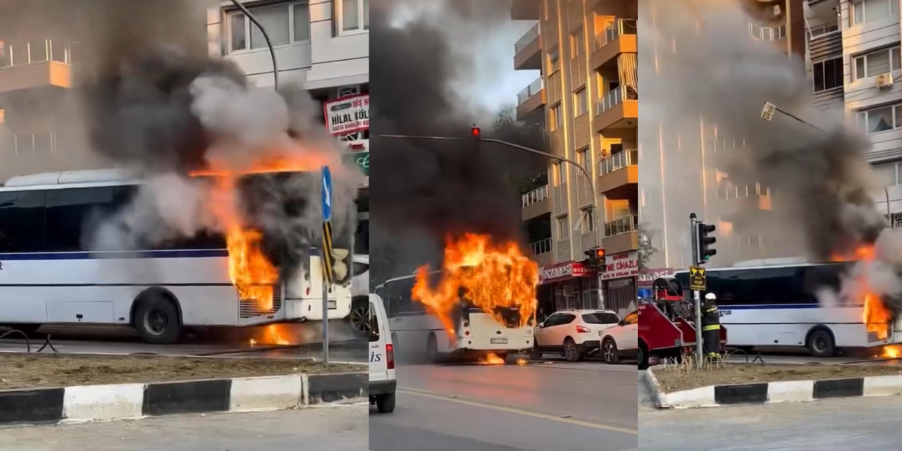 Manisa'da seyir halindeki işçi servis otobüsü alev aldı