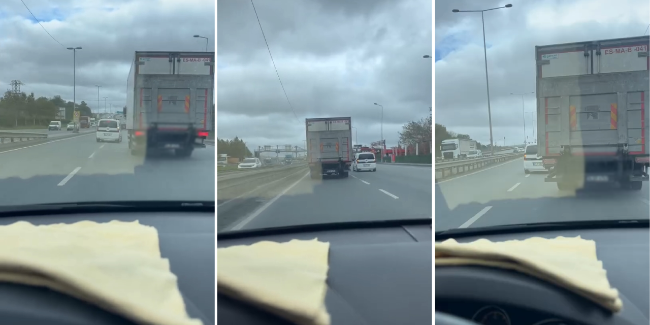 Kamyon ve hafif ticari araç arasındaki yol verme inatlaşması kaza tehlikesi yarattı