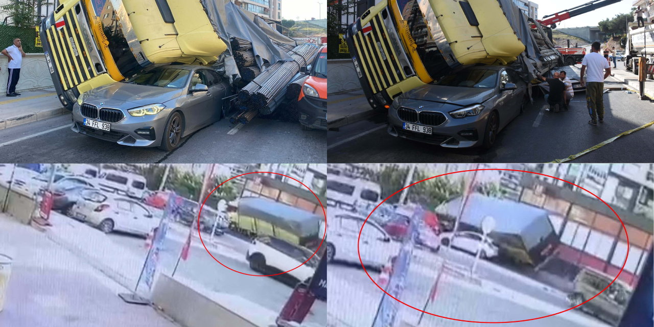 İzmir'de polisten kaçan TIR, iki otomobilin üzerine devrildi