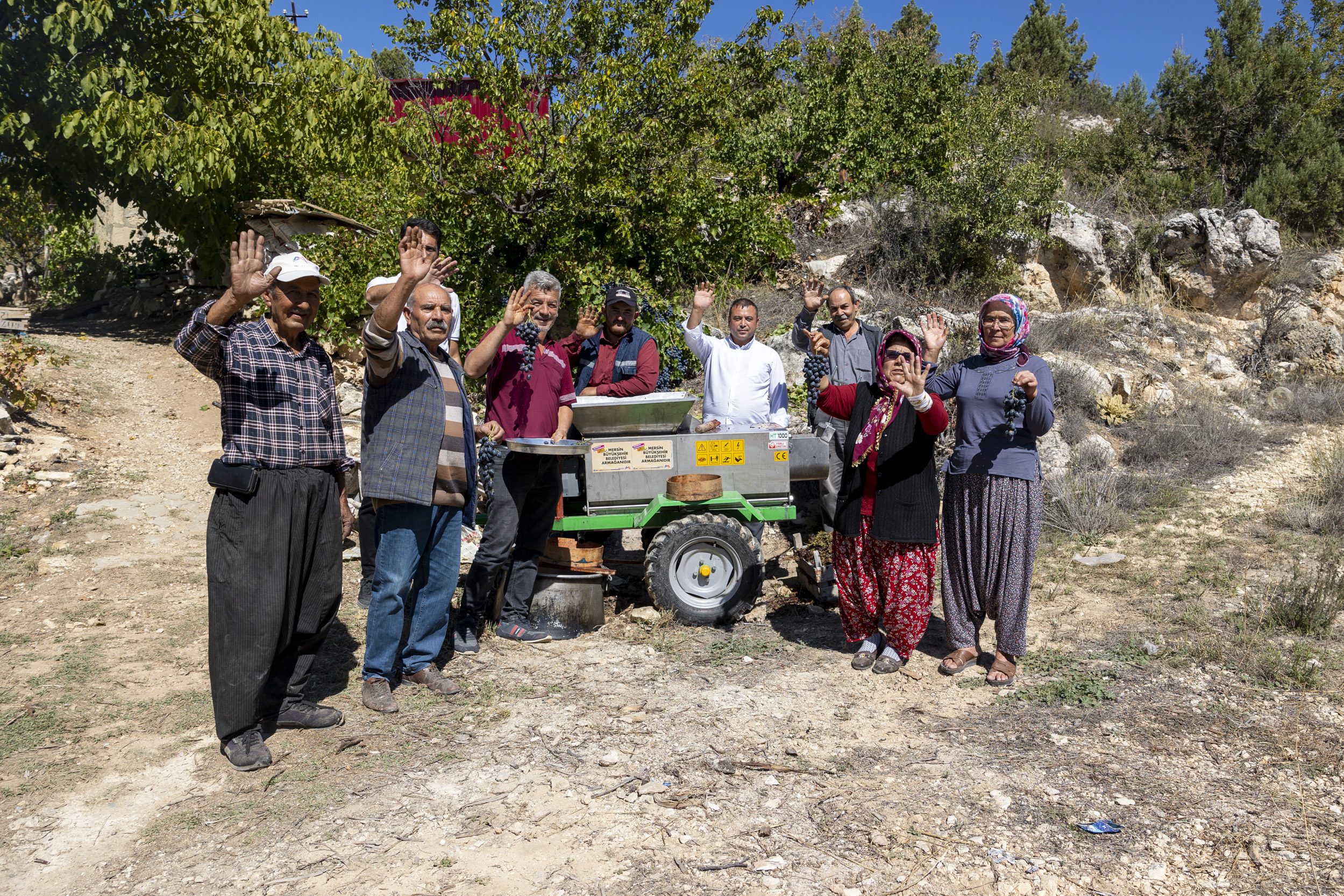 Üzüm sıkma makinesi çalışıyor, üretici keyfine bakıyor