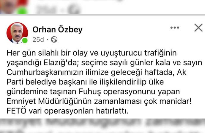 Elazığ'da fuhuş ve yolsuzluk operasyonu sonrası MHP'li isimden Emniyet'e 'FETÖ' göndermesi