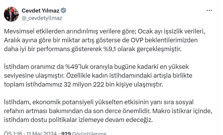 Cumhurbaşkanı Yardımcısı Yılmaz: İstihdam oranımız bugüne kadarki en yüksek seviyesine ulaşmıştır