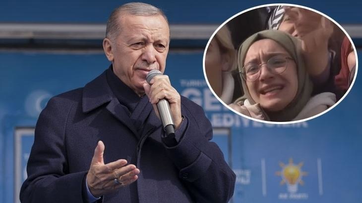 AKP’nin mitinginde Erdoğan’ı gören genç bir kadın ağlamaya başladı: Ağlama bizi de ağlatacaksın