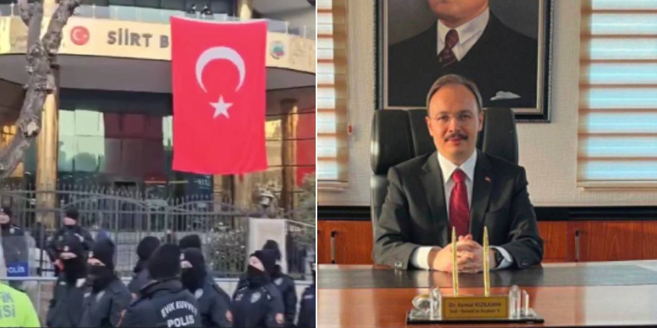 Siirt Belediyesi'nde kayyım dönemi: Kayyım önceden hazırlattığı isimlikle poz verdi, binaya Türk bayrağı asıldı
