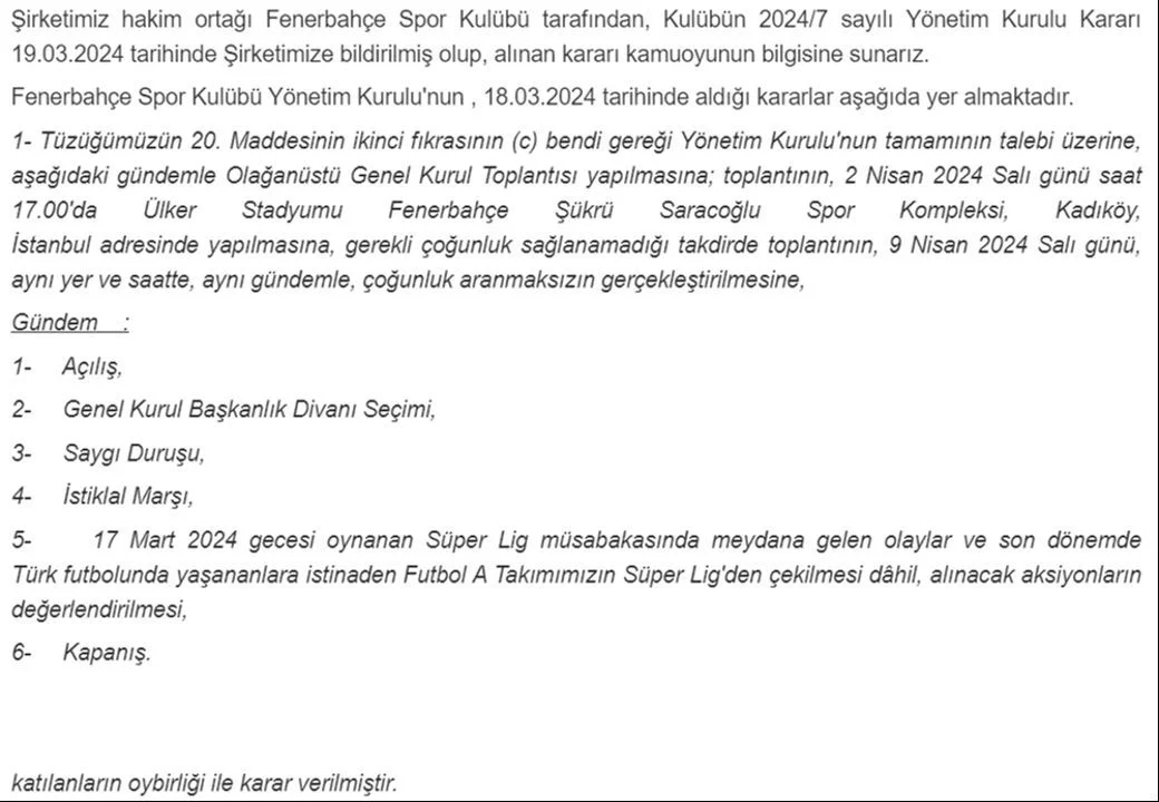 Fenerbahçe ligden çekilmeye doğru gidiyor: KAP'a bildirim geldi