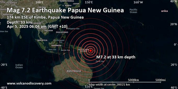 Papua Yeni Gine’de 7.2 büyüklüğünde deprem meydana geldi, tsunami uyarısı yapıldı