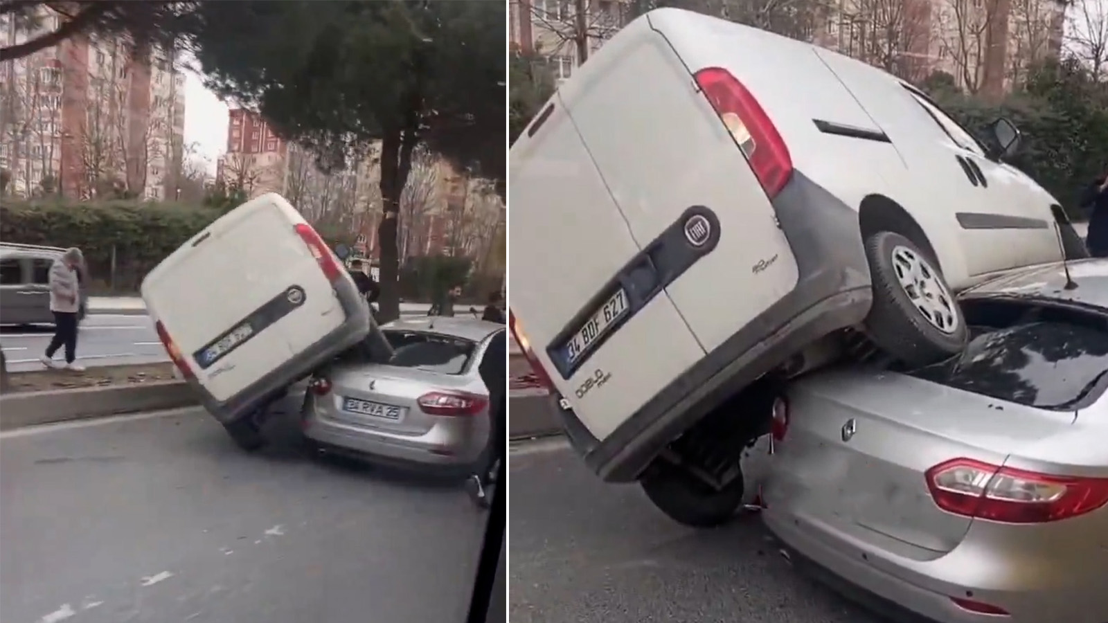 Başakşehir'de trafik kazası: Araç diğerinin üstüne çıktı