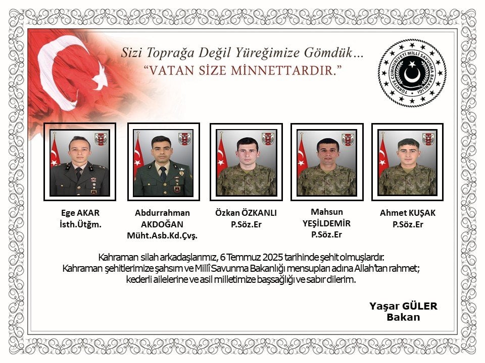 Milli Savunma Bakanlığı açıkladı: 5 asker şehit oldu