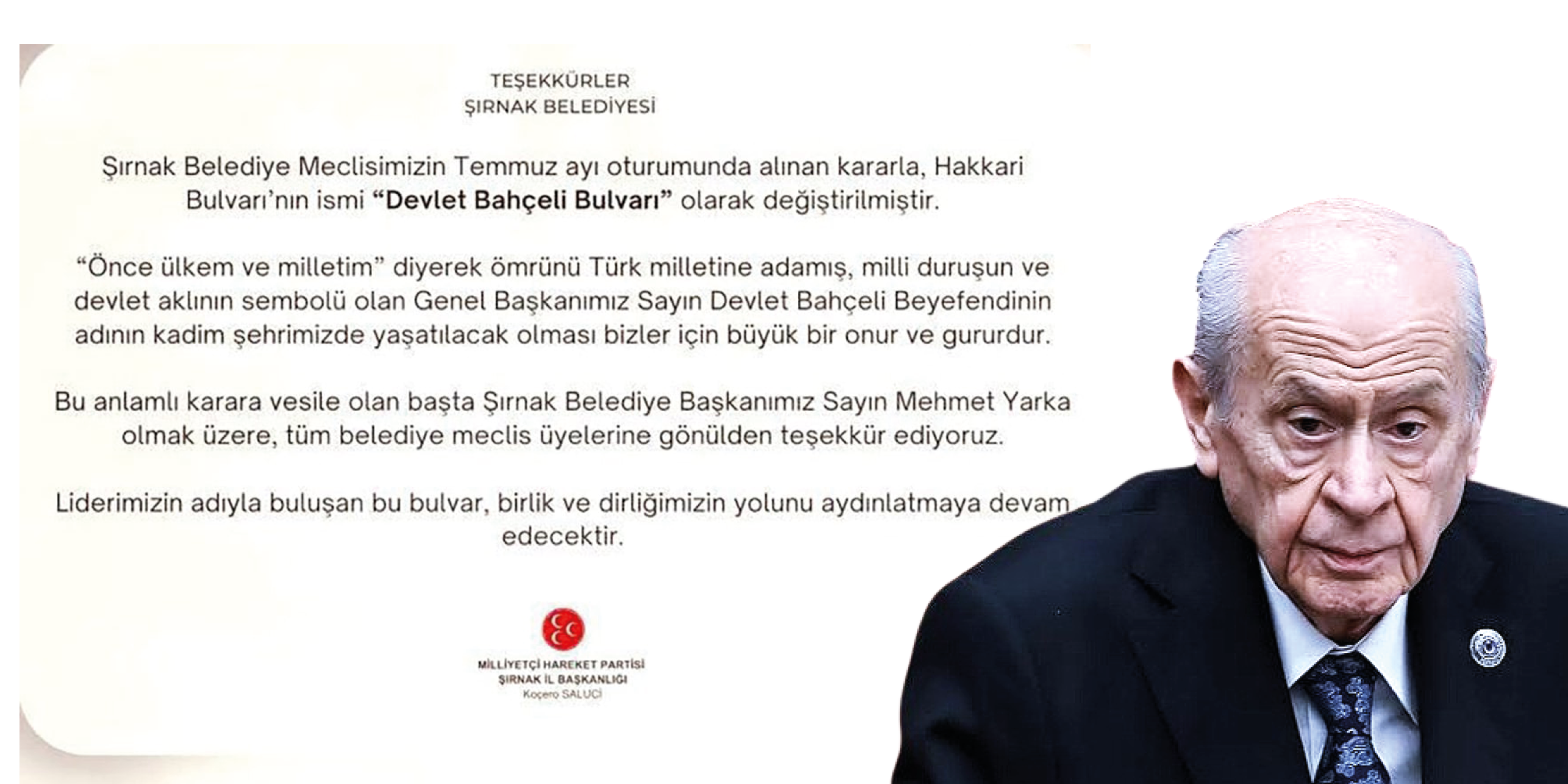 Şırnak'ın en büyük bulvarının adı "Devlet Bahçeli" oldu, MHP teşekkür etti