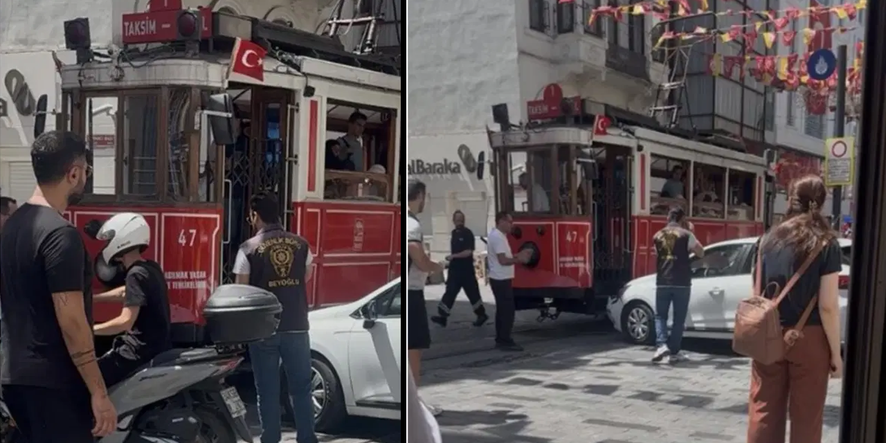 Taksim'de yürekler ağza geldi! Otomobil, tramvayın altında kalıyordu