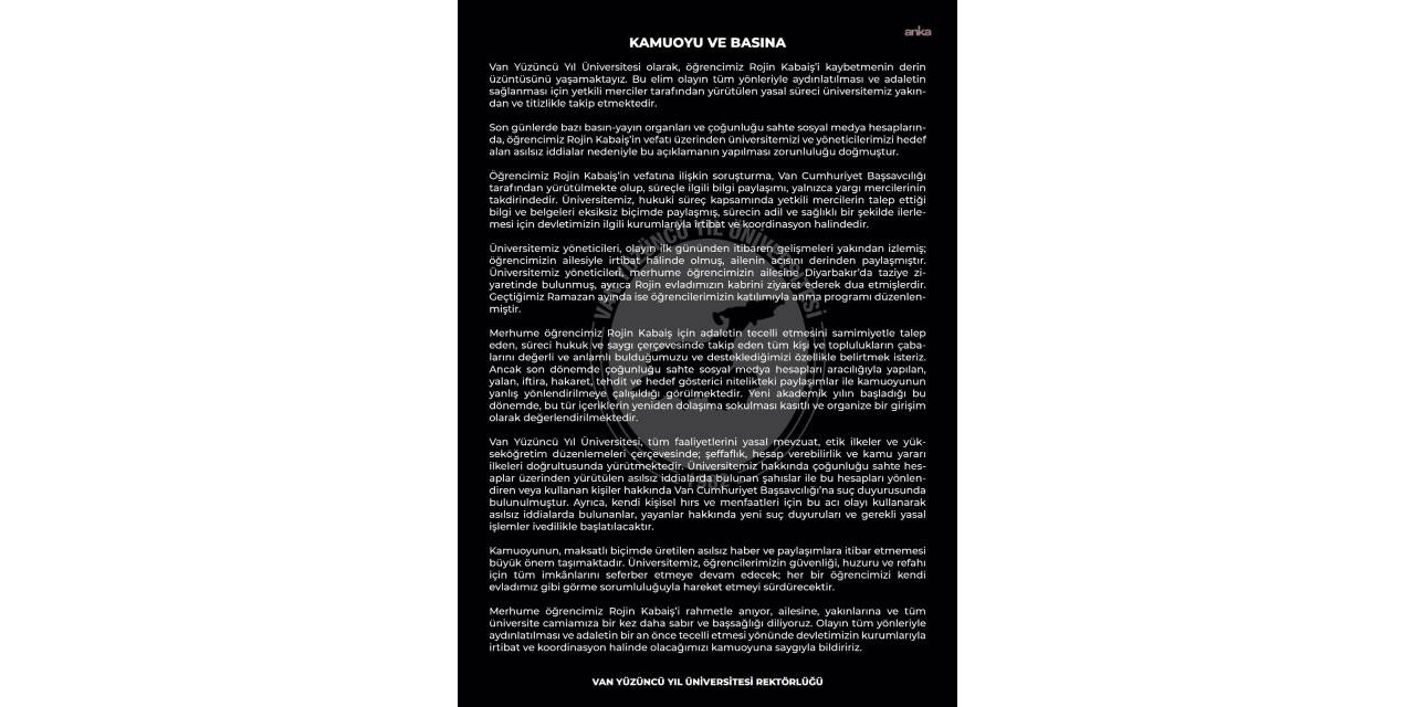 Van Yüzüncü Yıl Üniversitesi’nden Rojin Kabaiş ile ilgili açıklama