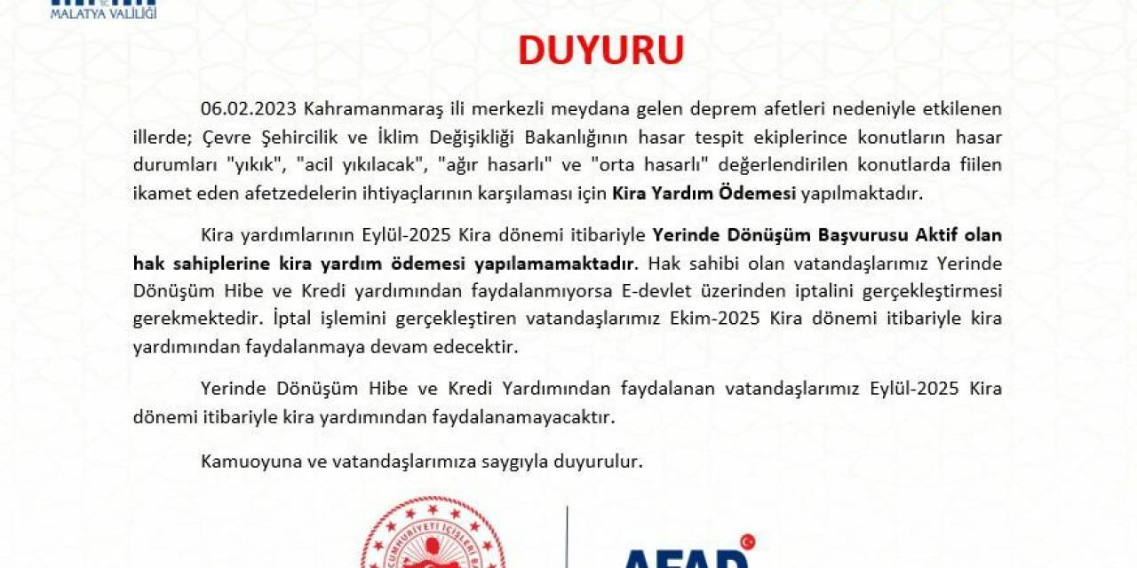 Malatya’da yerinde dönüşüm başvurusu yapan depremzedelere kira yardımı son bulacak
