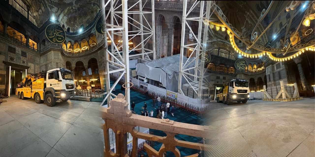 Ayasofya'daki kamyon tartışması: Bakanlıktan kamyon zorunluydu, zemin için önlem alındı açıklaması!