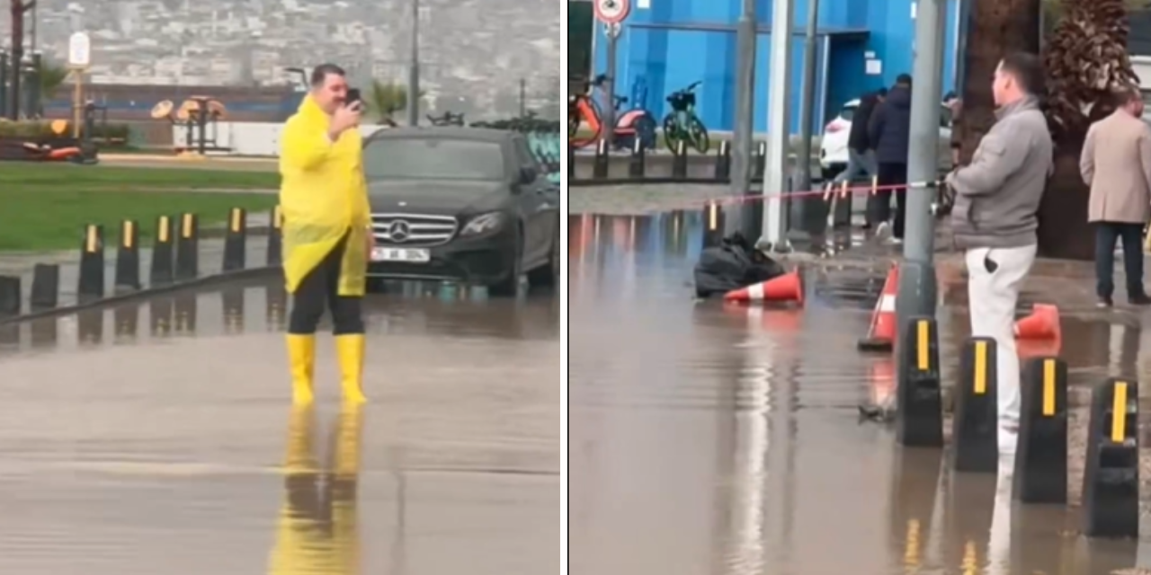 AK Partili başkan yağmuru fırsat gördü: Bir kişinin eline olta verip kayda aldı