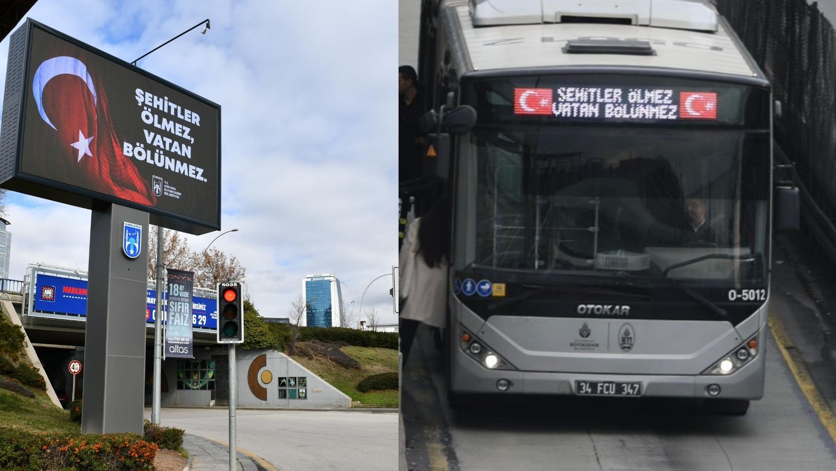 ABB ve İBB kentteki otobüs ve tabelalara “Şehitler ölmez, vatan bölünmez” yazısı yansıttı