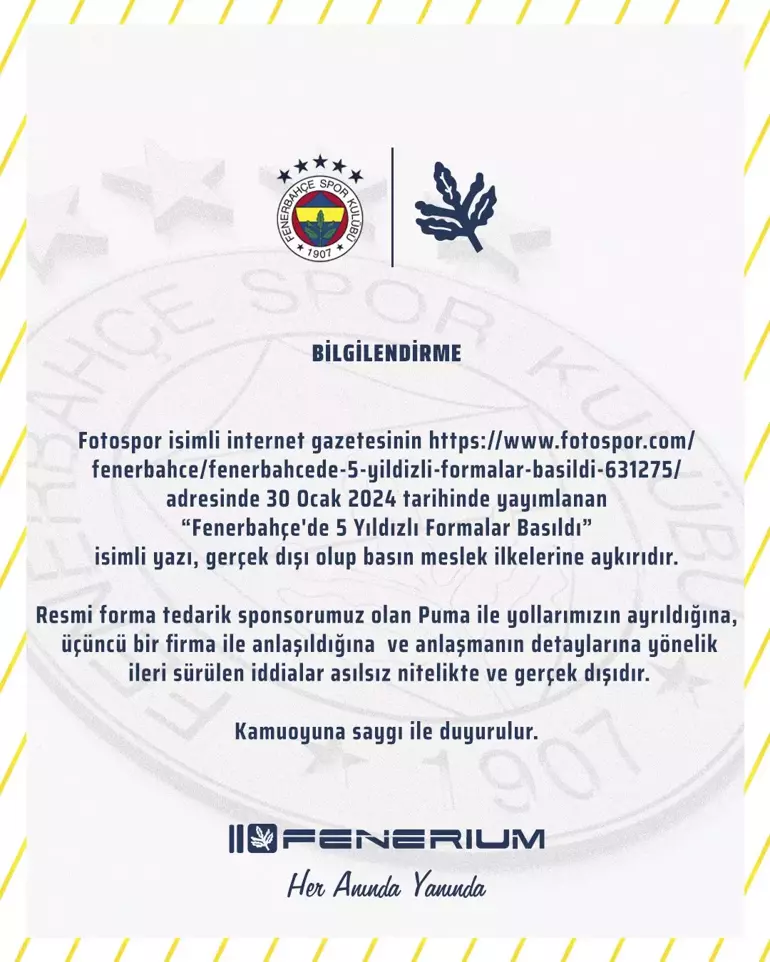 Fenerbahçe'den forma sponsoru Puma ile ilgili açıklama