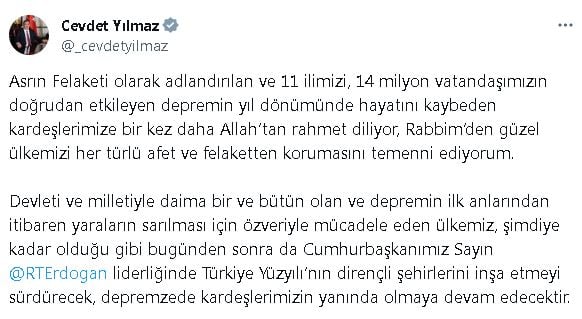 Yılmaz: Deprem bölgesinin ihyasını 2024'te tamamlamayı planlıyoruz