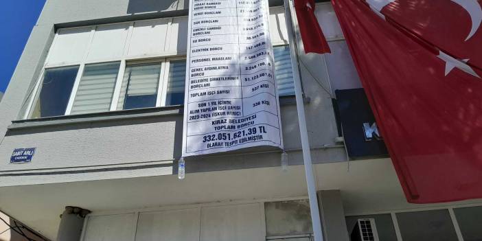 AKP’den CHP’ye geçen Kiraz Belediyesi’nin borcu, belediye binasına asıldı